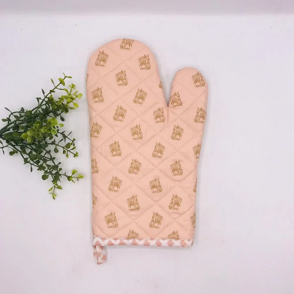 Oven Mitt: Pink with Gold Horse Heads Baking Mitt Gift Cottage